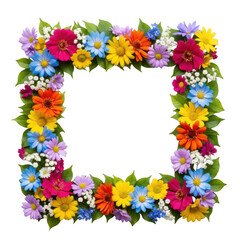 Obraz premium Colorful square floral frame with a variety of blooming flowers isolated on transparent background