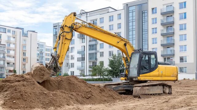 Construction Excavator: A robust construction excavator diligently moves earth at a development site, with modern apartments in the background, embodying industry and progress.