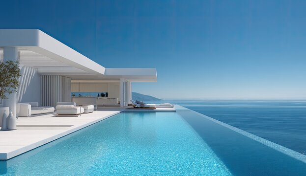 Modern white house with infinity pool overlooking the ocean