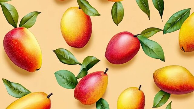 A pattern of ripe mangoes with green leaves on a light orange background. The mangoes are various shades of yellow and red, showcasing their freshness.