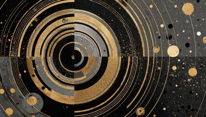 Abstract circular design with concentric rings and golden details on a dark background