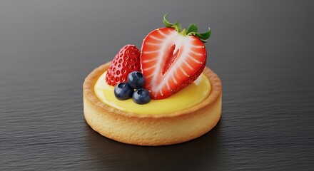 Single strawberry and blueberry tart with creamy custard filling on dark surface food item background