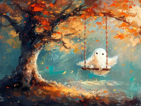 oil painting illustration of a cute hallween ghost on a swing under a large tree in a nice autumn day, rustic farmhouse style, halloween vibe