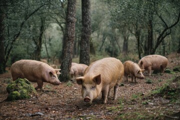 Fototapeta premium Iberian pigs foraging in a lush forest, enjoying a natural habitat and feeding on realistic pho as they thrive in their environment