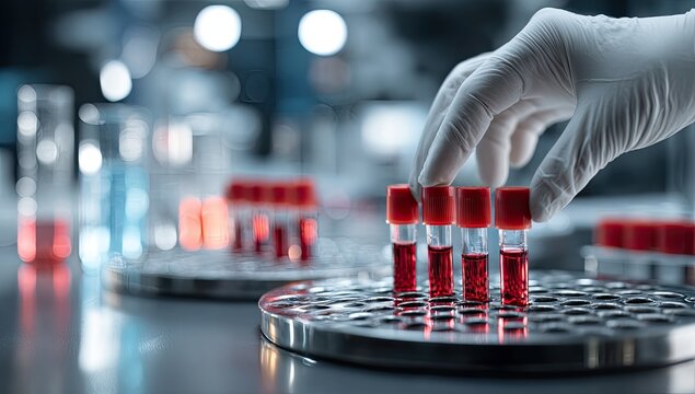Scientist handling test tubes with blood samples in a lab