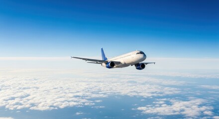 Obraz premium A commercial airplane flying high above the clouds against a clear blue sky.
