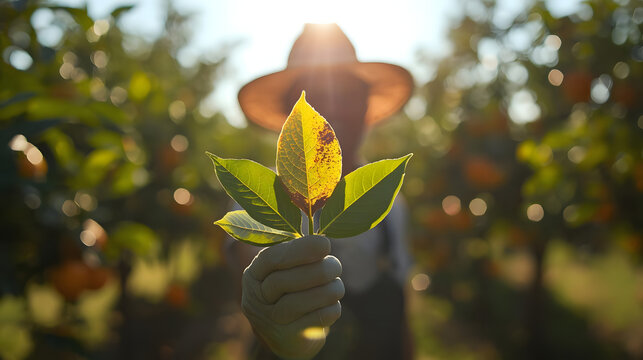 worker examining symptomatic leaf Citrus disease scouting