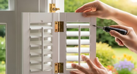 Close-up of Hands Adjusting White Wooden Window Shutters