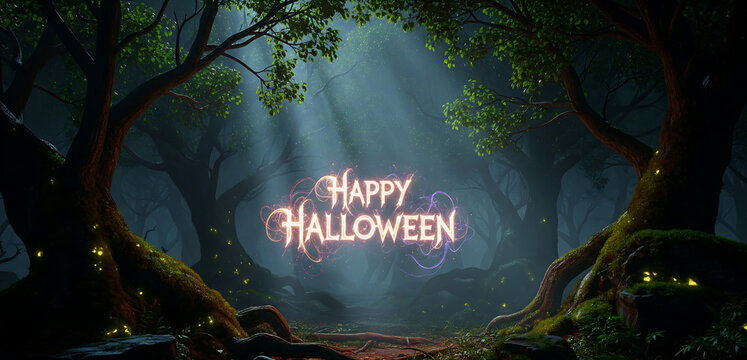 Dark enchanted forest scene featuring glowing magical “Happy Halloween” text floating in the mist, illuminated by photorealistic moonlight. High-detail foliage and mystical atmosphere, perfect for Hal - Powered by Adobe