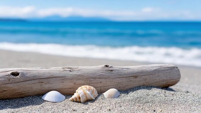 Seashells by the Shore: Tranquil coastal scene showcases seashells resting on sandy shore, framed by a driftwood log with azure water and clear blue sky.