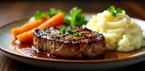 Sizzling steak, vibrant veggies, fluffy mashed potatoes , fork, meat