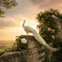 A stunning white peacock perched on an ancient stone wall, surrounded by blooming roses and ivy, with a soft golden sunset in the background.