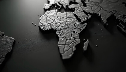 Monochromatic 3D map of Africa continent with detailed country borders. Textured metallic surface with grunge, aged appearance. Dark background provides contrast, emphasizing cartography, political