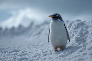 Fototapeta premium Majestic penguin standing on snow-covered terrain against a backdrop of icy mountains under a cloudy sky during a serene winter afternoon