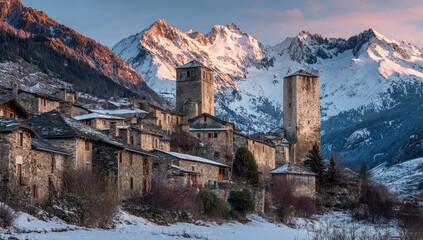 A picturesque alpine village nestled in the foothills of snowy peaks at sunrise