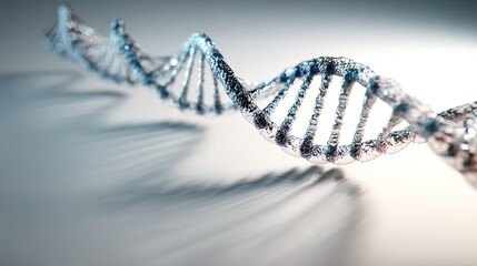 A DNA strand hovering above a white surface, with clearly defined base pairs and gentle shadows, futuristic scientific style, isolated object composition