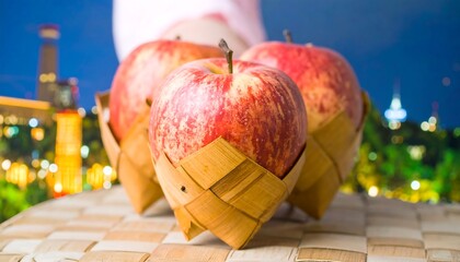 Three red apples in a small woven basket sit on a woven placemat with a blurred city skyline in the background