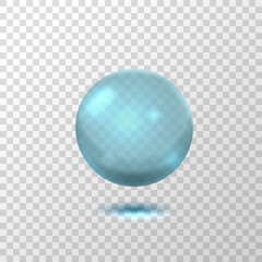 Realistic clear glass bubble. Transparent water droplet or round glossy sphere with light reflections, isolated vector element.