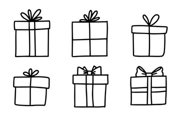 Gift box doodle set hand drawn present illustration, cartoon sketch line art vector, holiday packaging design element with ribbon bow for birthday Christmas New Year celebration