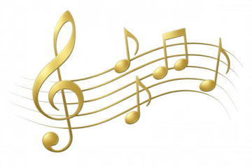 Musical notes dancing around golden treble clef, symbolizing melodic rhythm floating on transparent backdrop