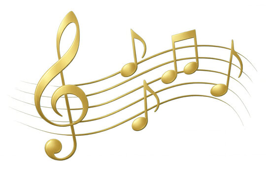 Musical notes dancing around golden treble clef, symbolizing melodic rhythm floating on transparent backdrop