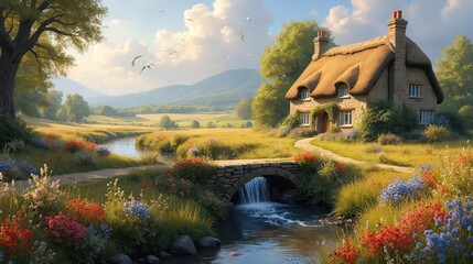 Fototapeta premium Enchanting English countryside meadow with charming stone bridge over babbling brook. Picturesque stone cottage with thatched roof sits in rich plants, vibrant wildflowers. Serene summer landscape