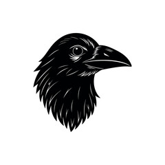 Monochrome vector illustration of a raven's head in silhouette on white backdrop 