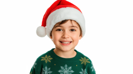 Smiling boy with Santa hat and Christmas jumper on transparent png background