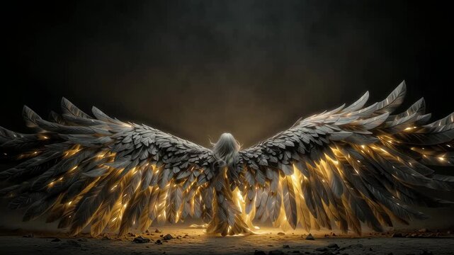 Glowing golden angel wings unfold dramatically with mystical light dark environment creating powerful ethereal and mysterious