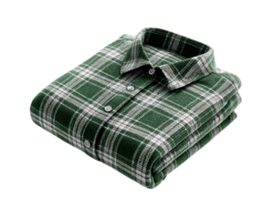 Green plaid flannel shirt neatly folded isolated on white background