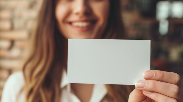 Young woman holding blank card, A beautiful woman holds a blank business card way out in front of her towards the camera. - Powered by Adobe