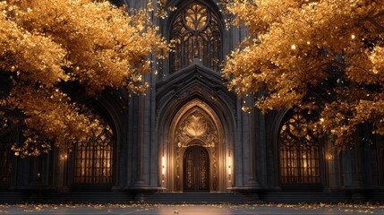 A grand gothic cathedral entrance framed by golden autumn foliage, bathed in warm, inviting light.