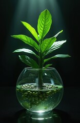 Vibrant green plant in clear glass bowl with water, small pebbles. Digital illustration with dark background, emphasizing growth, nature, innovation. Futuristic design with flowing light elements.