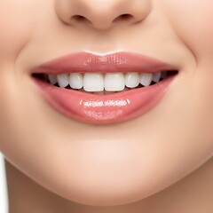 Obraz premium Close-up view of a woman's smiling mouth with healthy, white teeth and glossy pink lipstick.