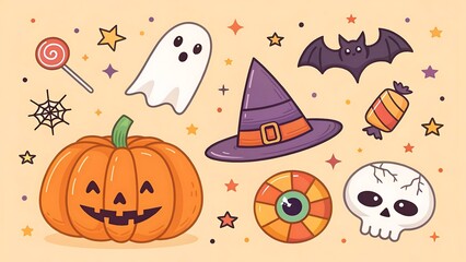 Fototapeta premium Spooky Halloween vector seamless pattern with pumpkins, ghosts, and bats