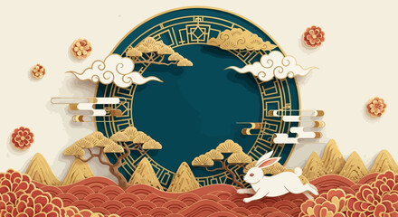 White rabbit runs across patterned landscape beneath clouds and moon during midautumn festival celebration, creating a festive and cultural atmosphere.