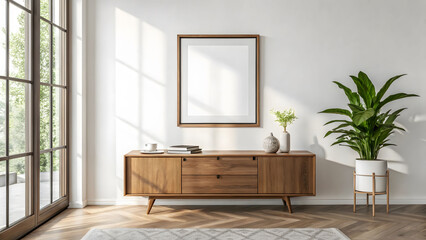 A beautifully designed living room with wooden furniture, plants, and a large window.