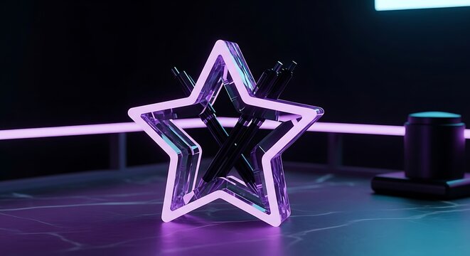Stunning neon star sculpture glowing in a vibrant purple space, perfect for a futuristic, modern design or technology concept, showcasing creative innovation - Powered by Adobe