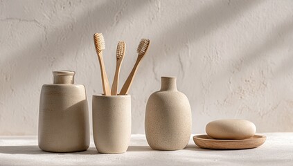 Beige ceramic bathroom essentials in sunlight