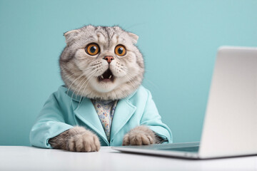 Cat in a lab coat looks surprised while working at a laptop in a bright turquoise office setting