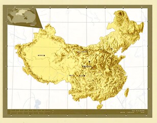 Topographic map of China, showing elevation and major cities