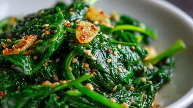 Fresh Spinach and Garlic: A vibrant close-up captures a serving of fresh spinach, garnished with toasted garlic and sesame seeds, a flavorful and nutritious culinary delight.
