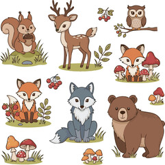 Naklejka premium create Cute wild animals and birds set vector illustration. Cartoon isolated forest characters with autumn berry fruit on plants and mushrooms, squirrel with acorn and deer, fox and wolf, owl and bear