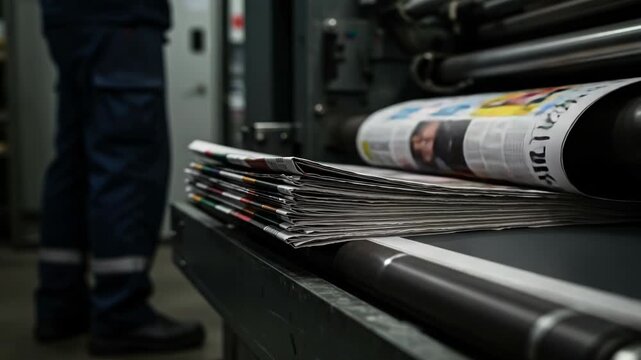 A closeup view of a stack of freshly printed newspapers or magazines on a printing press machine, with a worker in the background