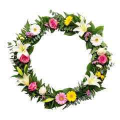 Obraz premium A beautiful floral wreath with pink roses, white lilies, and yellow daisies isolated on transparent background