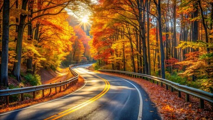 Scenic winding road through a vibrant forest during peak autumn foliage with sun rays filtering through the colorful trees