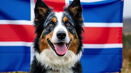 A happy black and white border collie stands in front of the Icelandic flag. The dog has bright eyes and a friendly expression, showcasing its playful nature.