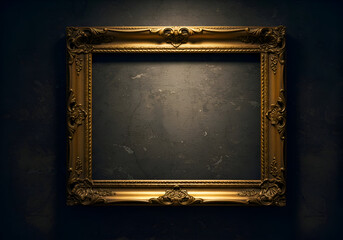 Antique gold picture frame against dark stone wall. Empty frame with ornate detailing, displayed on a textured backdrop.
