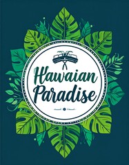 Tropical foliage circles a white emblem with "Hawaiian Paradise" in elegant script