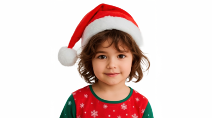Cute girl wearing Santa hat and holiday dress on transparent png background